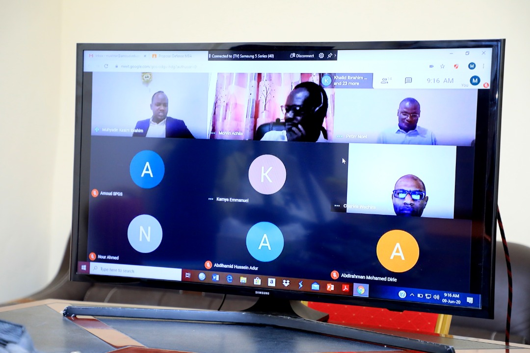 A section of students and panelists (on the monitor) from Amoud School of Postgraduate Sudies and Research (AUSPGSR) in June 2020 during the one of the sessions of the online research proposal Viva Voce defense for AUSPGSR students in both Borama Main Campus and Hargeisa City Campus conducted at teh peak of covid-19 pandemic following closure of all learning institutions by the government in order to mitigate negative effects associated with covid-19.