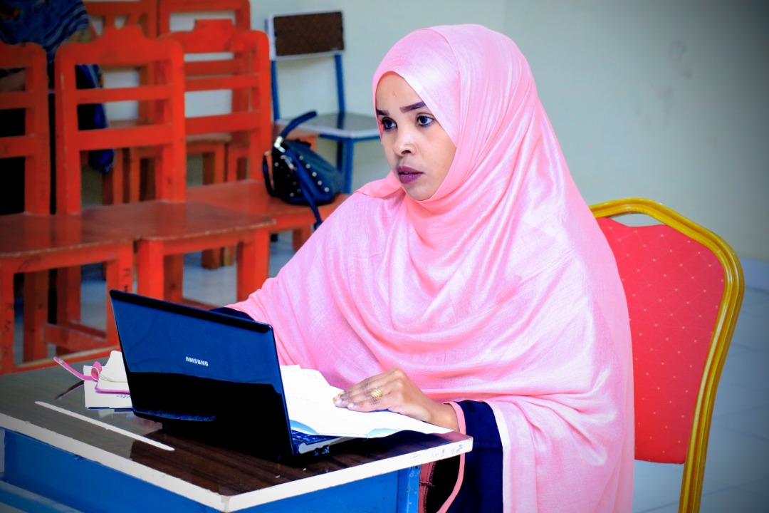A student responding to questions from the panelists, at Amoud University School of Postgraduate Studies and Research (ASPGSR), during the Research Proposal Viva Voce conducted on Tuesday, January 28th, 2020 at Amoud University School of Postgraduate Studies and Research (ASPGSR), Borama Campus premises.