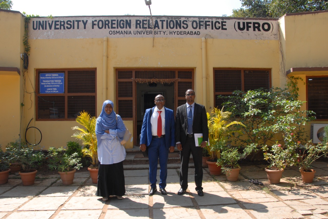Dr. Mohamed Muse Jibril, Vice President, Academic Affairs, Amoud University (centre), Said Hassan Habaneh, Director, Human Resource Department, Amoud University (right) and Dr. Hodan Suleiman Ahmed (left), Clinical Supervisor, Amoud College of Health Sciences (ACHS) at University Foreign Relations Office, Osmania University (UFRO), India. Dr. Mohamed Muse Jibril, Vice President, Academic Affairs, Amoud University (centre), Said Hassan Habaneh, Director, Human Resource Department, Amoud University (right) and Dr. Hodan Suleiman Ahmed (left), Clinical Supervisor, Amoud College of Health Sciences (ACHS) at University Foreign Relations Office, Osmania University (UFRO), India.